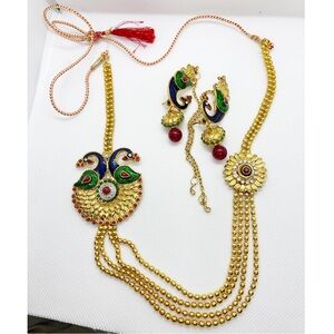 Necklace Earrings Set Peacock Crystals Jewels Gold Tone Indian Jhumka Earrings